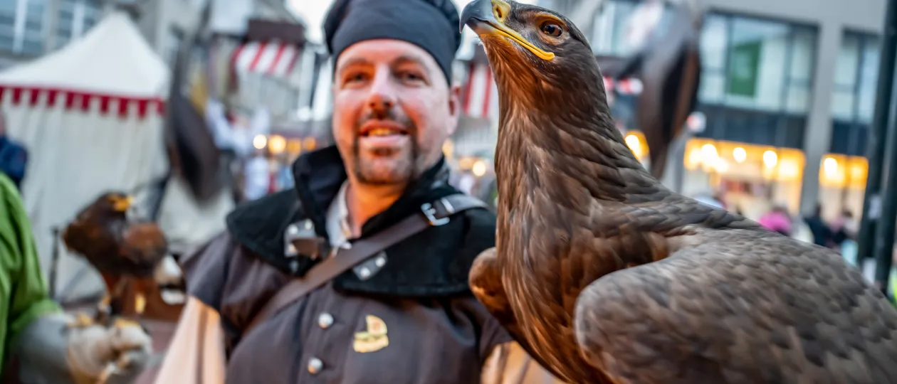 Falkner mit Raubvogel auf dem Hansefest in Wesel