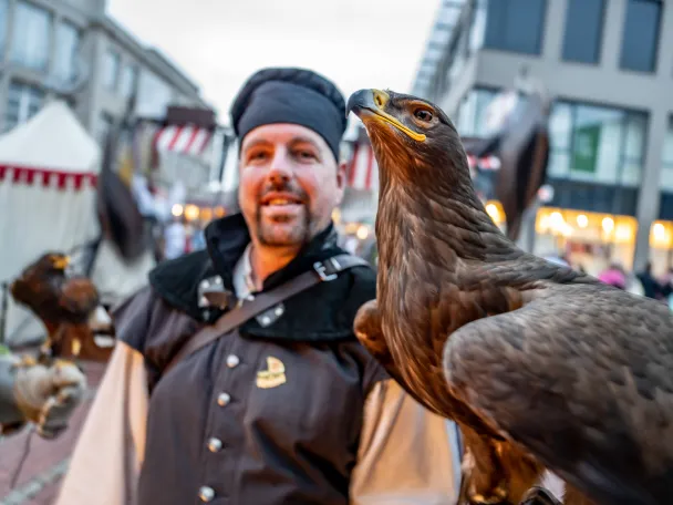 Falkner mit Raubvogel auf dem Hansefest in Wesel